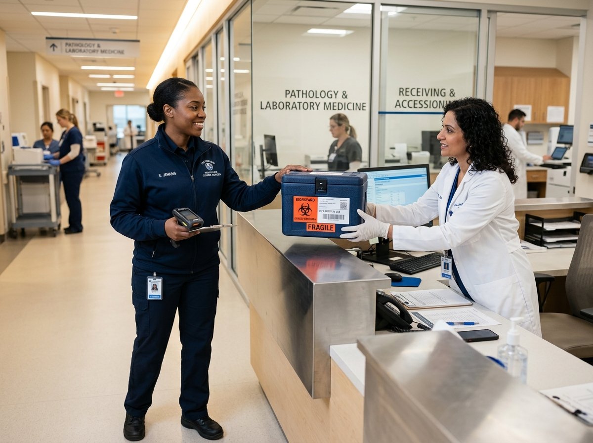 Elite Empire Logistics courier specialist professionally delivering a sealed medical package to a hospital lab receiving desk