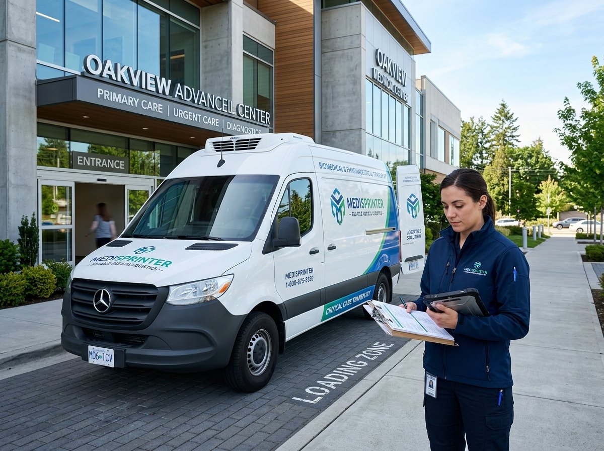 Elite Empire Logistics transit courier van and route dispatcher at clinical center loading zone