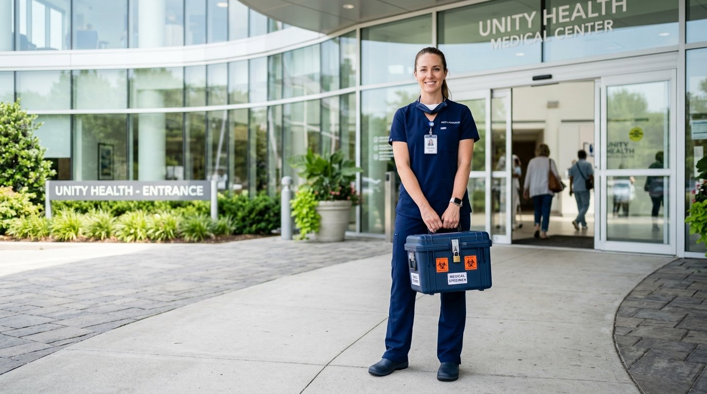 Elite Empire Logistics professional medical courier carrying a secure medical delivery container at a modern healthcare center entrance